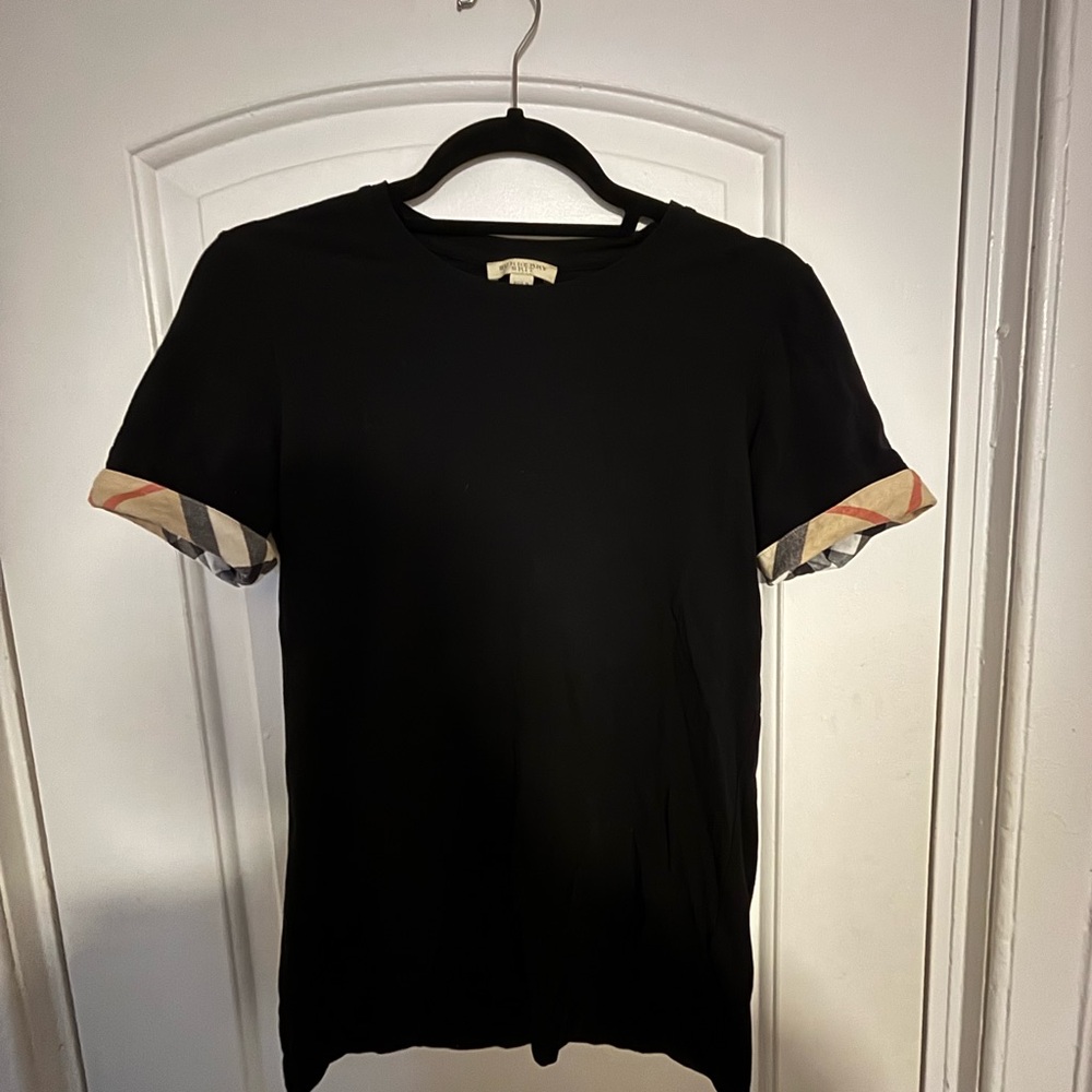 Burberry Black Tee with Check Sleeve Accents